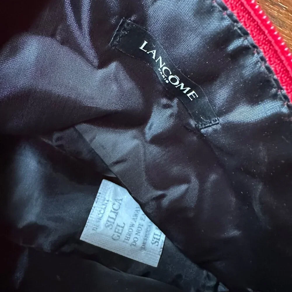 Lancome Red Satin Cosmetic Pouch With Black Accent Trim & Rose Detail